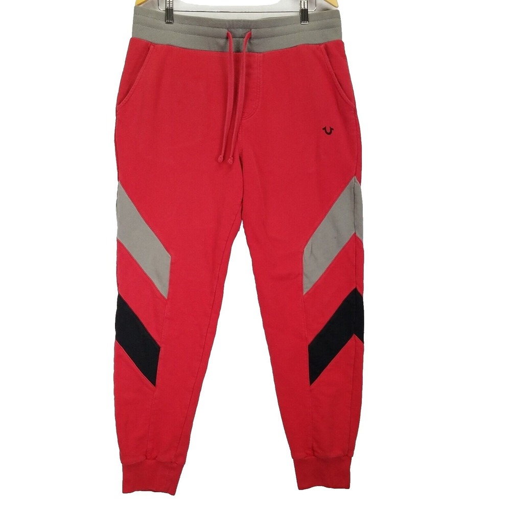 True Religion Jogger Sweatpants Mens Size M Red Chevron Panel Horseshoe Logo